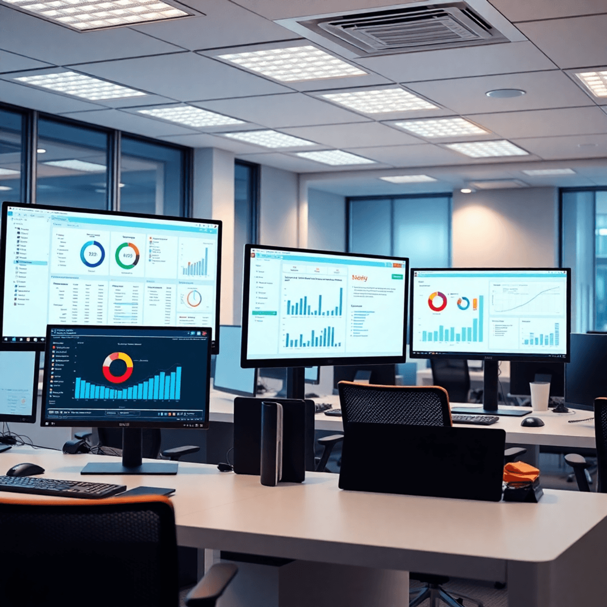 Modern office workspace with multiple computer screens showing custom software dashboards and workflow charts in a bright, professional setting.