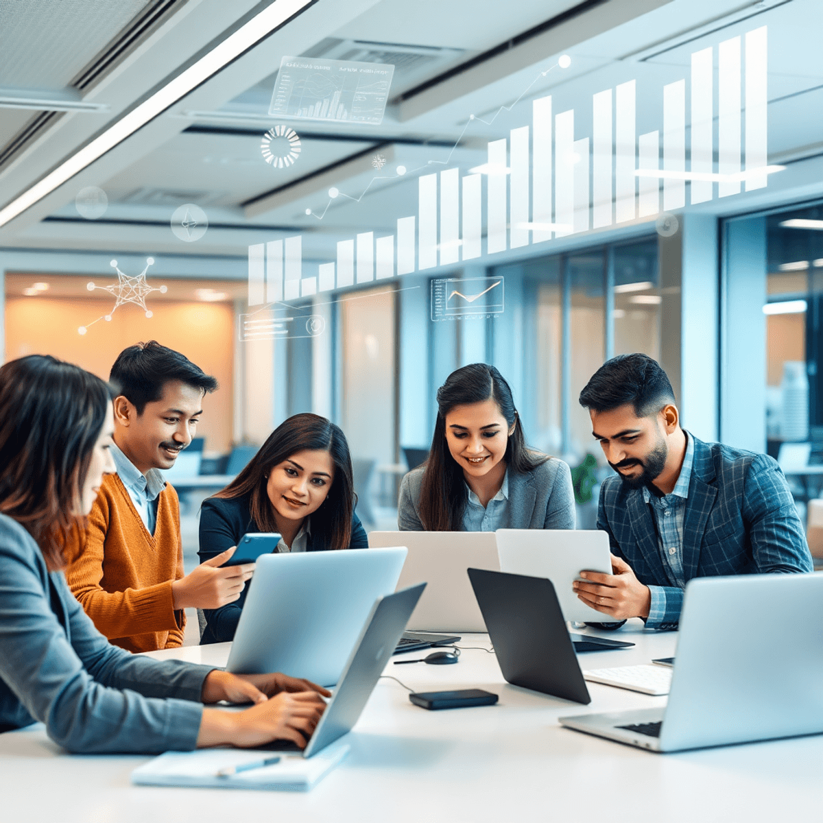 A modern office with professionals collaborating on software development, surrounded by floating futuristic graphs and charts symbolizing growth.