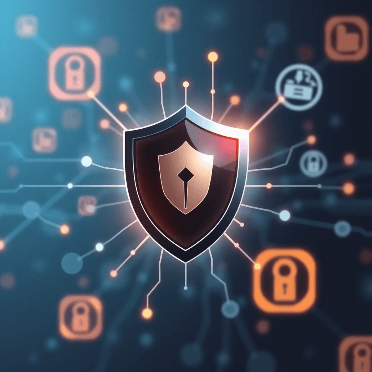 A sleek digital shield icon surrounded by abstract data streams and network connections, with subtle industry symbols in the background.