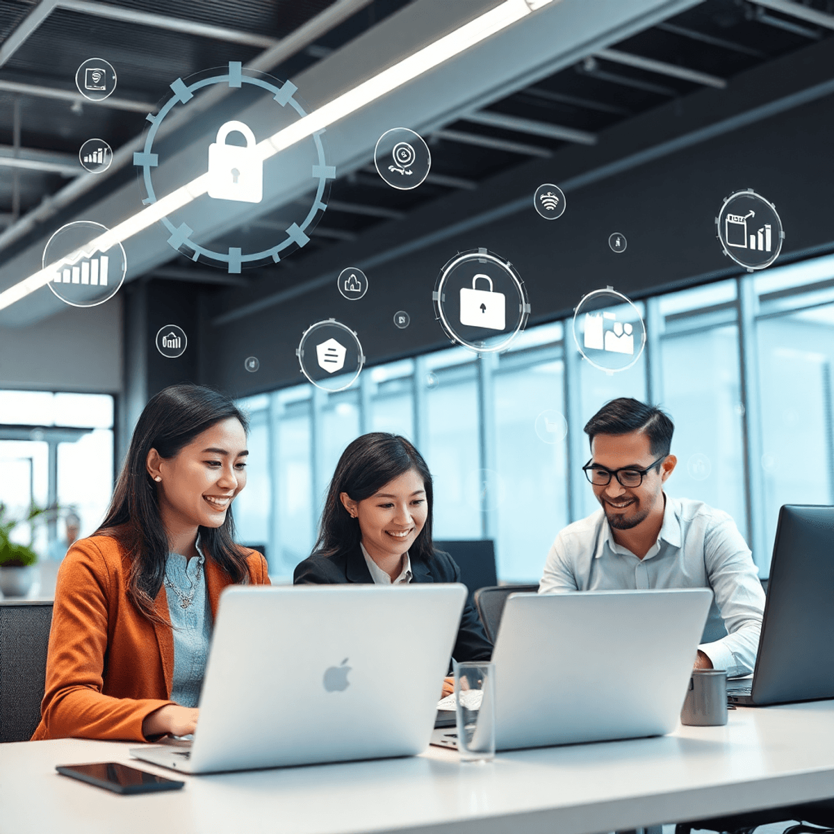 Modern office with professionals collaborating on laptops, surrounded by floating icons symbolizing automation and productivity in a bright, tech-focused workspace.