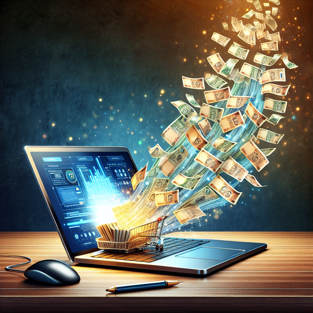 Alt text: A laptop with a brightly lit screen displaying a torrent of Indian currency notes cascading onto a wooden desk, symbolizing potential earnings from affiliate marketing. Surrounding the laptop are subtle symbols of ecommerce such as a small shopping cart and a mouse pointer.