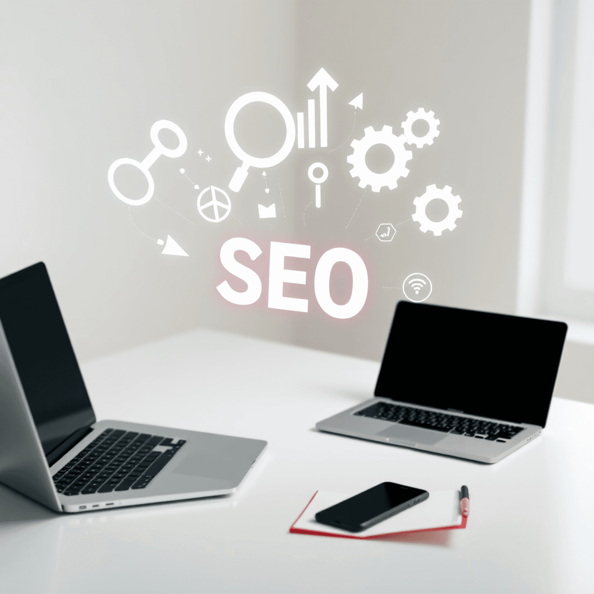 White Label SEO Strategy: From $0 to $50K Without Hiring a Team 5 A clean desk with a laptop, smartphone, notepad, and floating digital icons of magnifying glass, arrows, and gears symbolizing SEO growth and partnership.