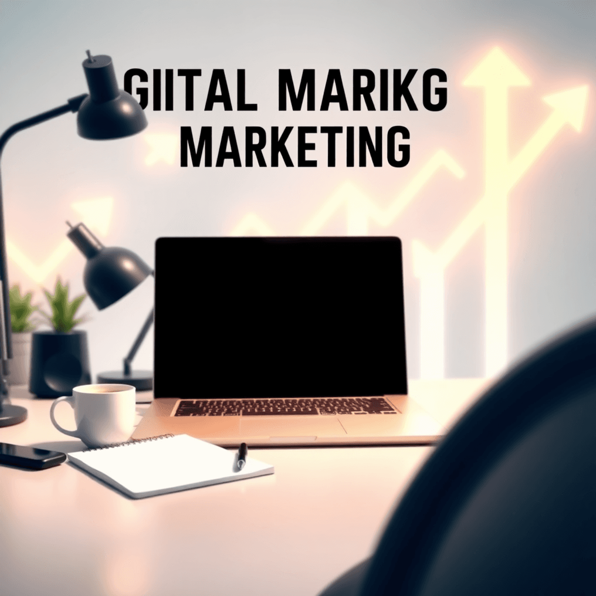 White Label SEO Strategy: From $0 to $50K Without Hiring a Team 4 Workspace with laptop, notepad, coffee cup, and abstract arrows with glowing trails symbolizing growth and progress on a bright background.