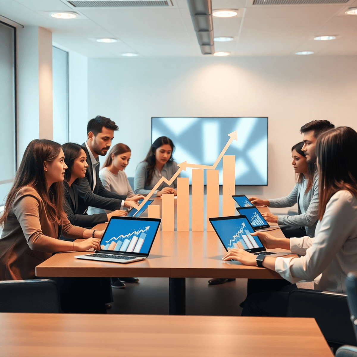 White Label SEO Strategy: From $0 to $50K Without Hiring a Team 3 A modern office with professionals collaborating around a table, digital devices showing graphs and arrows symbolizing growth and partnership.