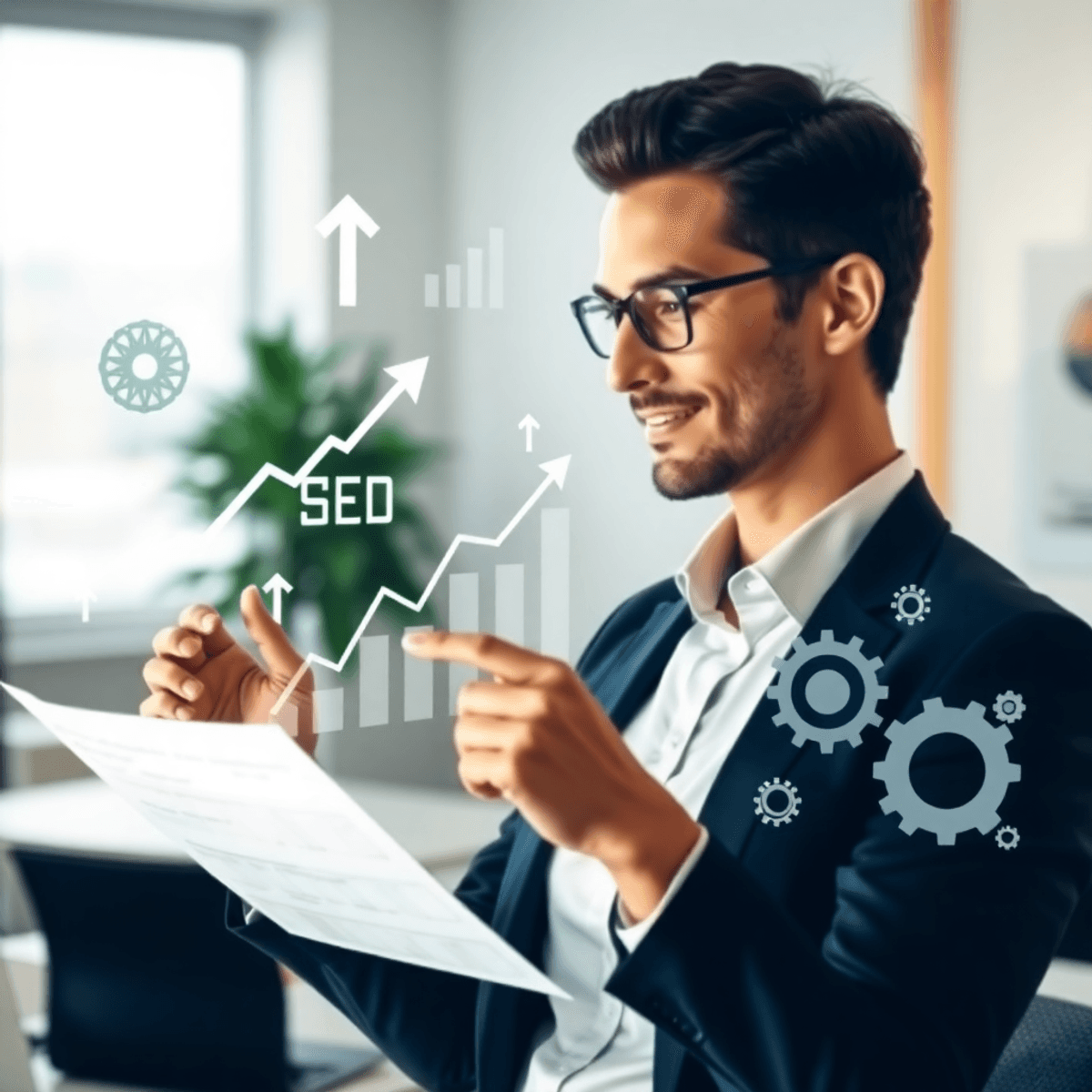 White Label SEO Strategy: From $0 to $50K Without Hiring a Team 7 Business professional analyzing growth charts and SEO symbols in a modern office with soft natural light.