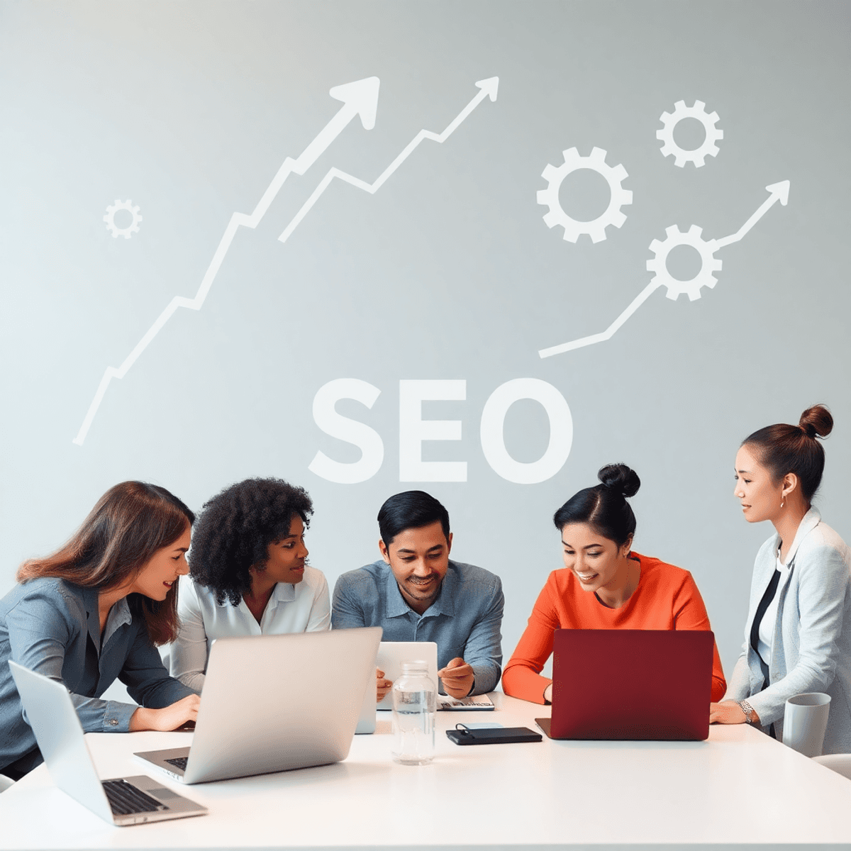 White Label SEO Strategy: From $0 to $50K Without Hiring a Team 6 Marketing team collaborating around a table with laptops, surrounded by abstract growth symbols like arrows and gears, symbolizing partnership and SEO progress.