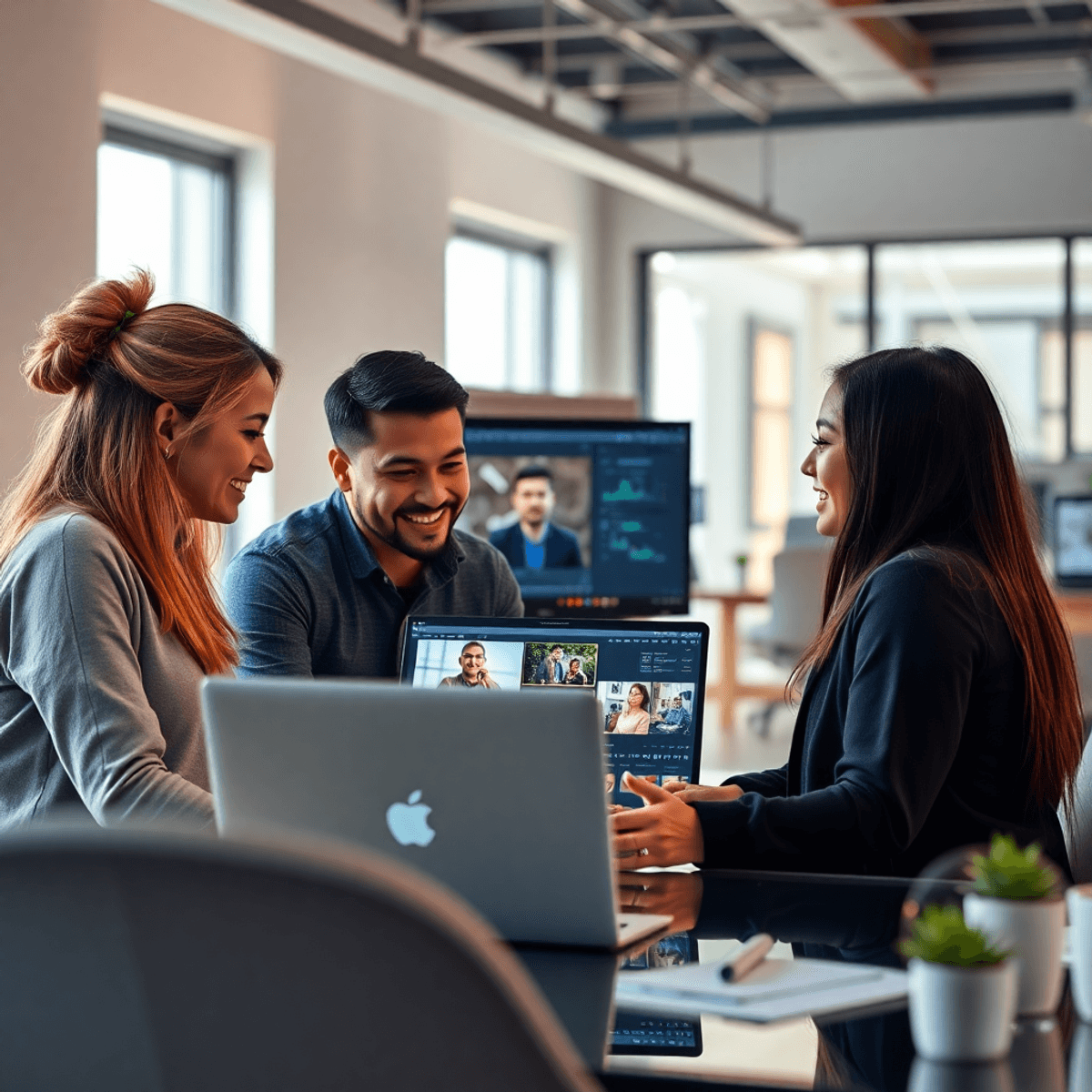A group of three people collaborating around a laptop in a bright modern workspace, discussing video production, with vibrant visuals of editing software on the screen.