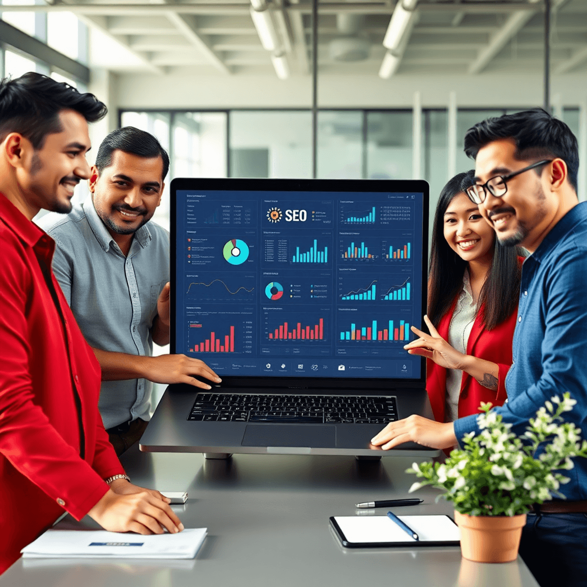 A diverse group of professionals collaborates around a large laptop displaying colorful charts and graphs, set in a modern office that emphasizes teamwork and innovation.