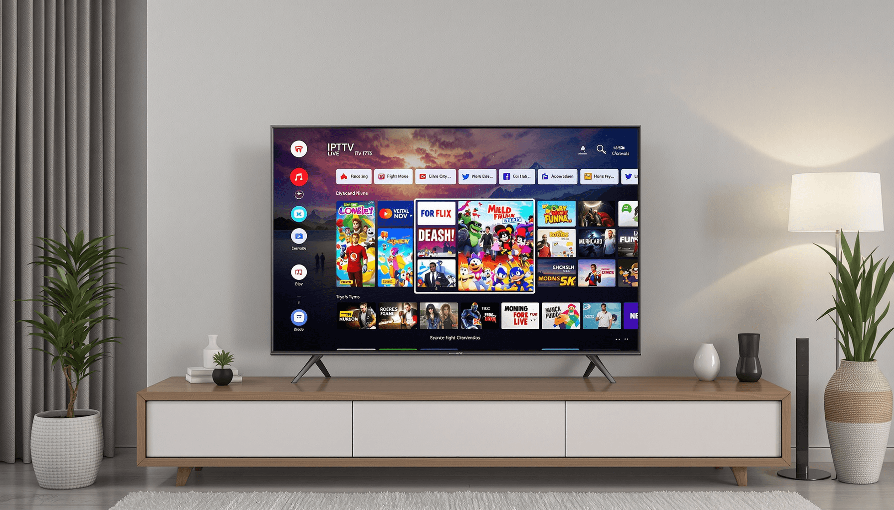 Honey Bee IPTV – Buzzing with Live TV & HD Streaming 2025 1 Modern living room with a large flat-screen TV showing a colorful streaming interface featuring live TV channels and on-demand content.