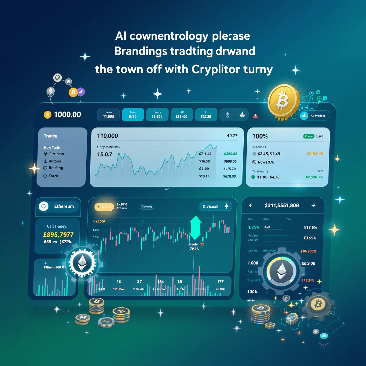 A sleek cryptocurrency trading platform interface showing real-time market data, charts, and digital currency symbols, with gears and circuit patterns on a blue-green gradient background.