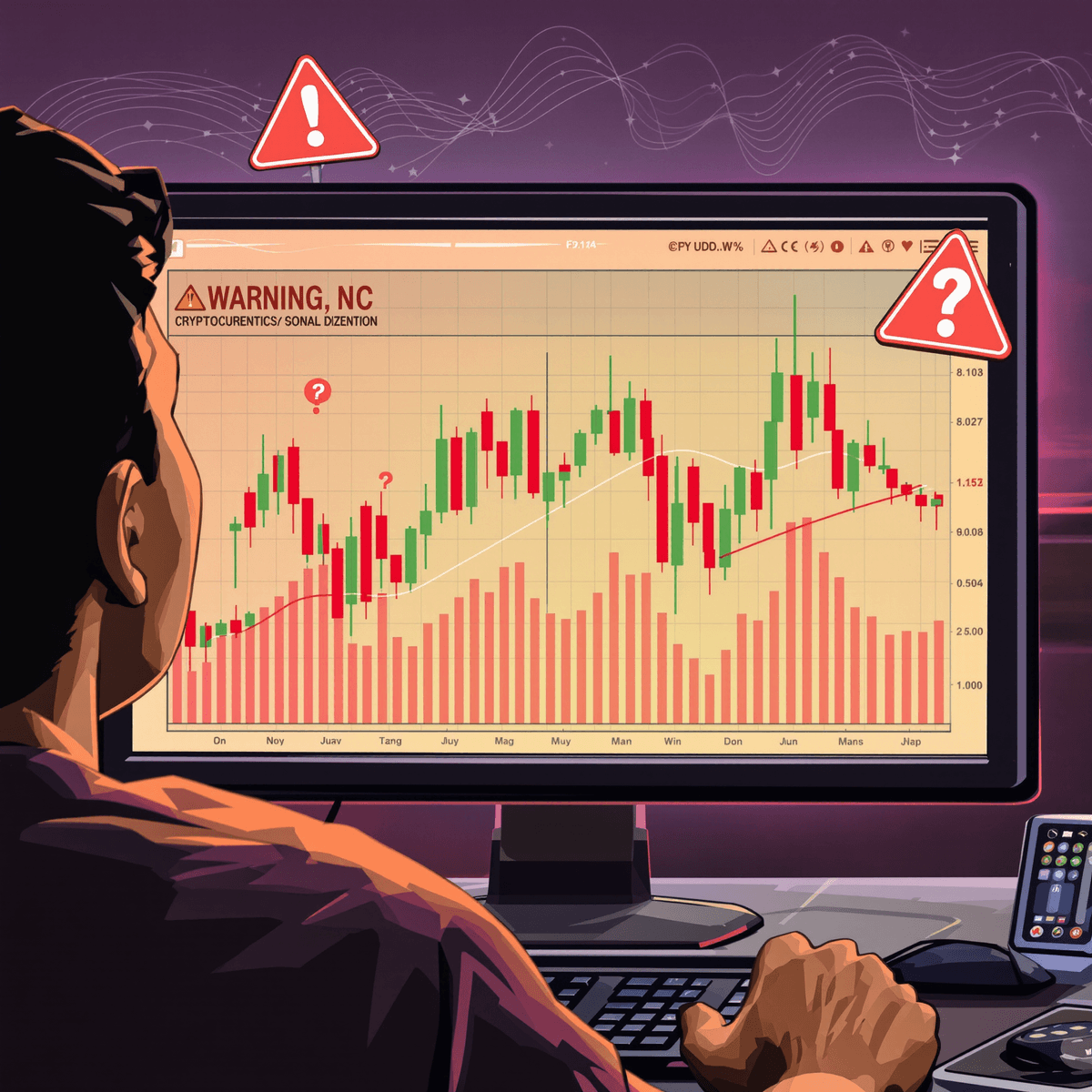 A thoughtful investor analyzing a computer screen with cryptocurrency charts, surrounded by red flags like question marks and exclamation points, symbolizing caution.
