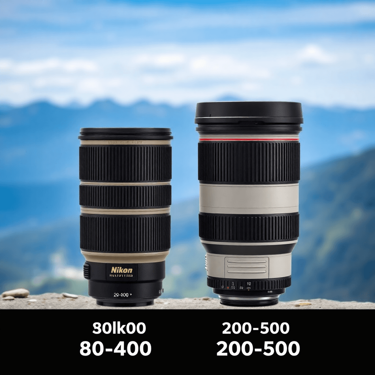 Nikon 80-400 vs 200-500: The Ultimate Lens Showdown A side-by-side comparison of two Nikon lenses, the 80-400 and 200-500, highlighting their size difference against a scenic outdoor background.