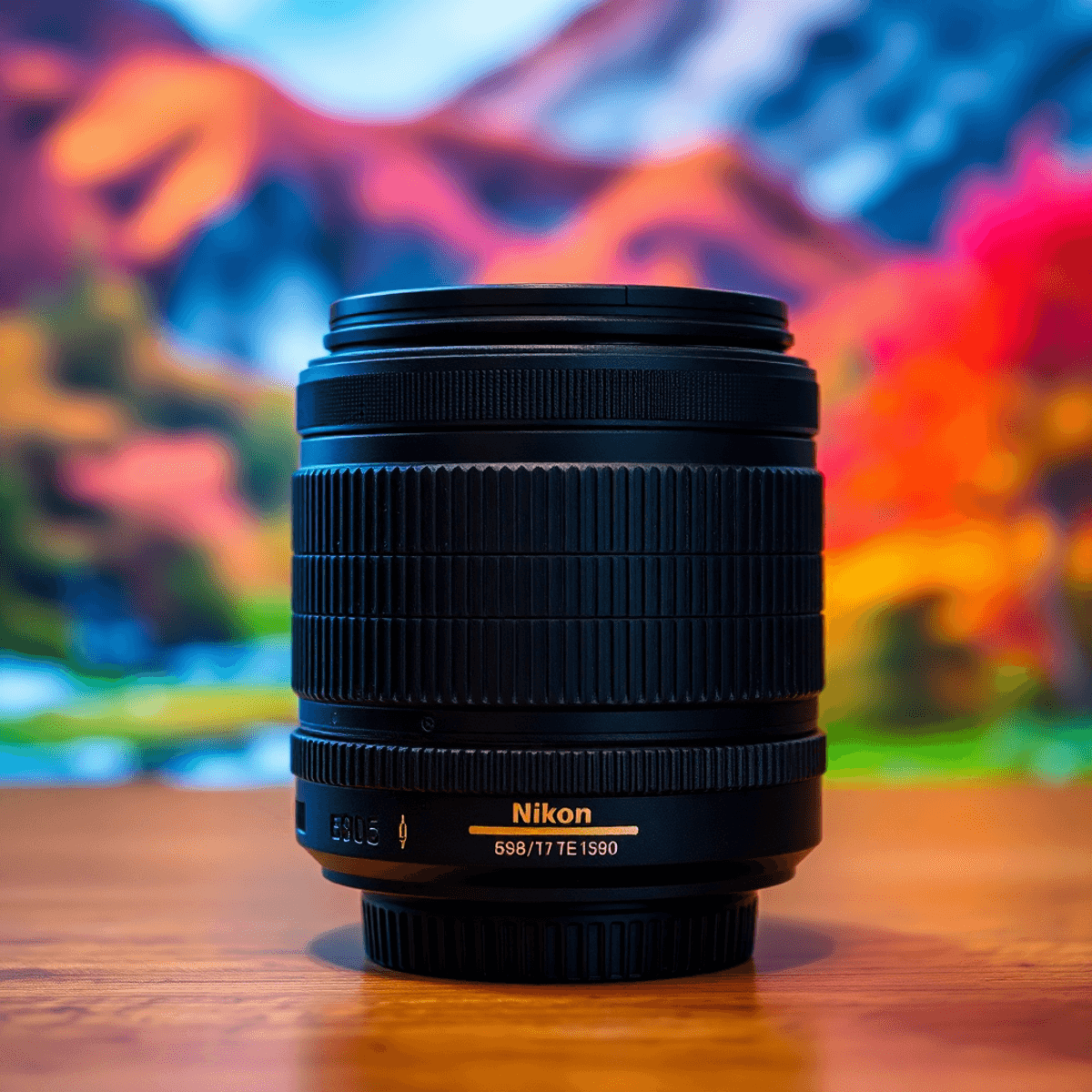 Nikon 80-400 vs 200-500: The Ultimate Lens Showdown Close-up of a Nikon camera lens on a wooden table, with a blurred vibrant nature background highlighting sharp colors and details.