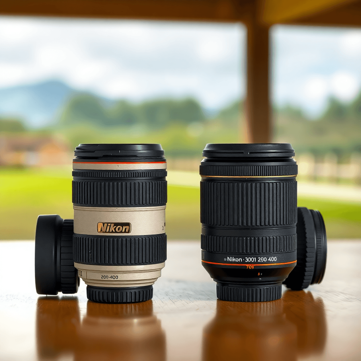 Nikon 80-400 vs 200-500: The Ultimate Lens Showdown Two Nikon telephoto lenses, the 80-400 and 200-500, displayed side by side on a wooden table with a blurred outdoor scene in the background, emphasizing their details.