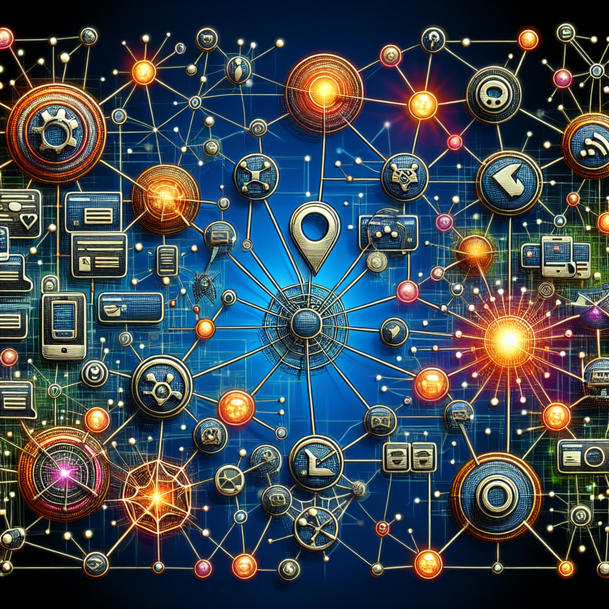 A digital illustration of interconnected websites representing the concept of SEO backlinks, using recognizable symbols and characters related to the internet and website domains.