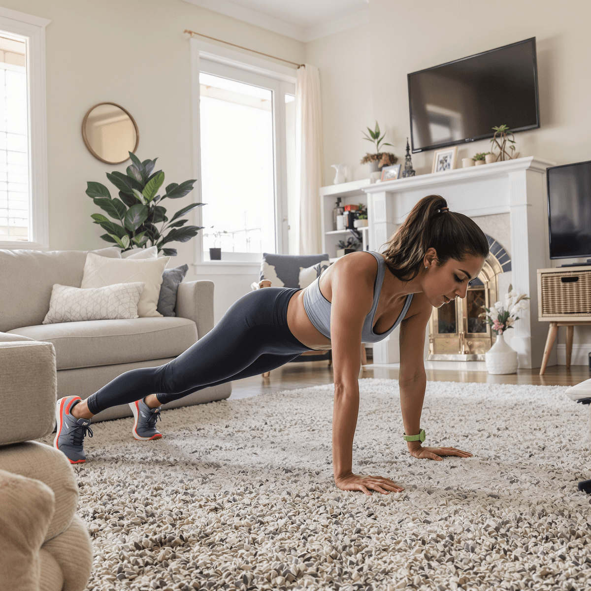 A fit woman doing a push-up in a cozy living room, highlighting accessible and equipment-free home fitness.