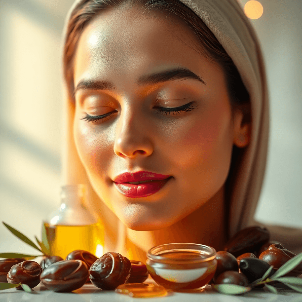 A glowing face with healthy skin, surrounded by dates and olive oil, set against a warm-lit background, conveying nourishment and tranquility during Ramadan.