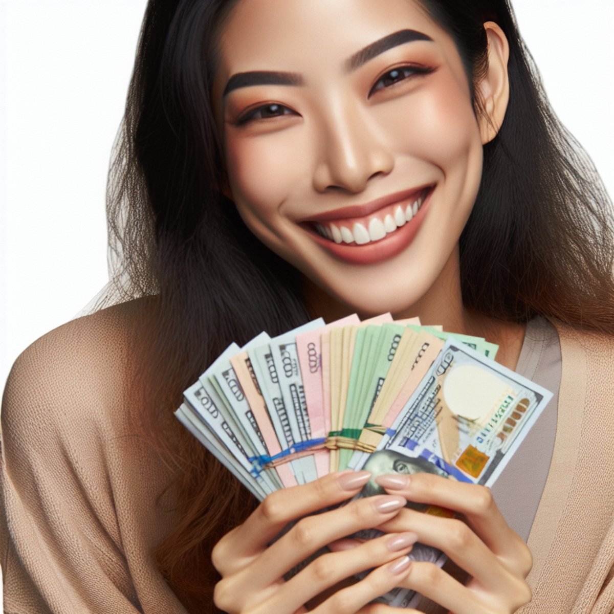 A close-up of a smiling Asian woman holding a stack of colorful banknotes in her hands.