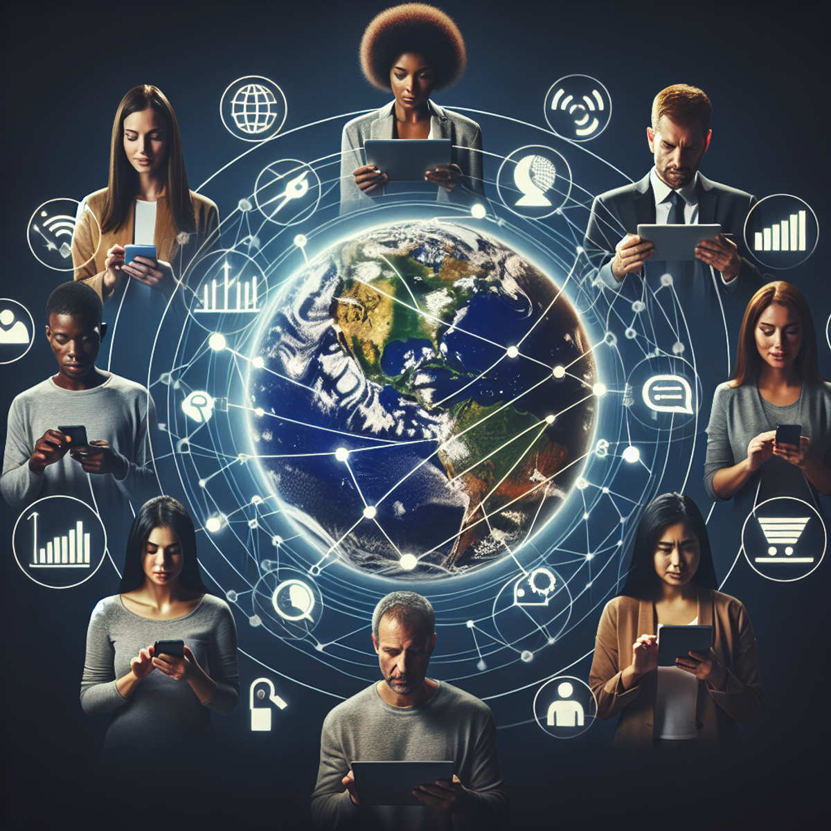 A diverse group of individuals are using digital devices, with a globe connected by digital networks in the background. The screens show tailored advertisements and there is a chart displayed on a computer screen.