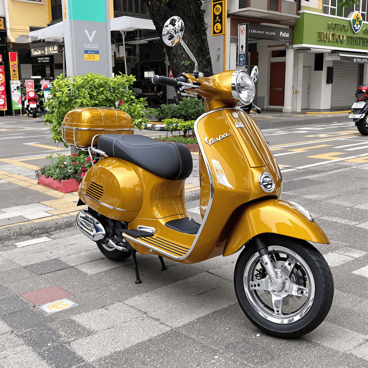 Skuter Vespa Matic yang stylish dikelilingi oleh elemen desain klasik, dengan jalanan kota Indonesia yang berwarna cerah dan suasana perkotaan yang dinamis di latar belakang.