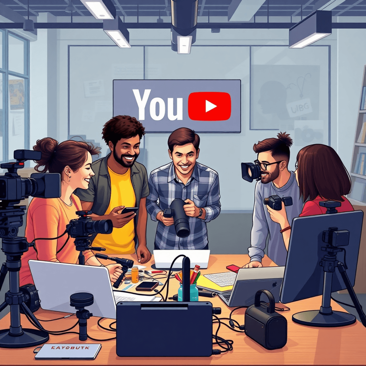 A diverse group of content creators brainstorming in a modern workspace, surrounded by cameras and laptops, conveying creativity and collaboration.