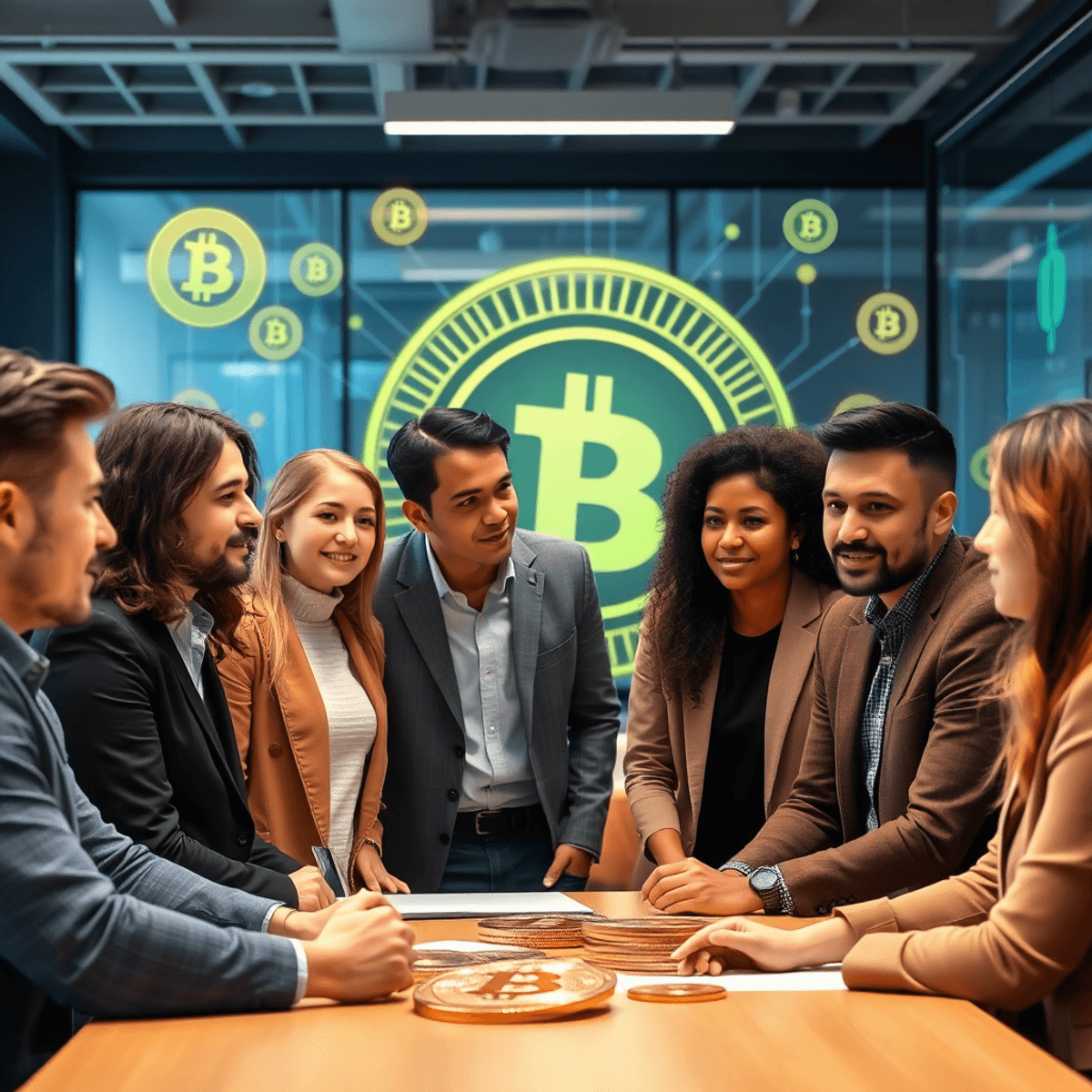A diverse group of people discussing cryptocurrency in a modern workspace, surrounded by symbols of digital currency like coins and blockchain graphics.