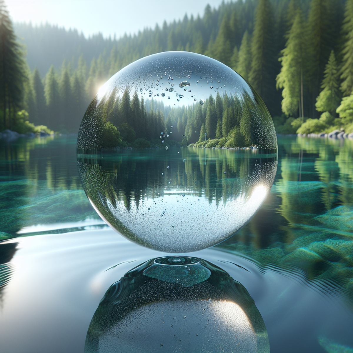 A single, crystal-clear water droplet in mid-fall, suspended in animation, moments away from impact with the glossy, mirror-like surface of a pristine lake.