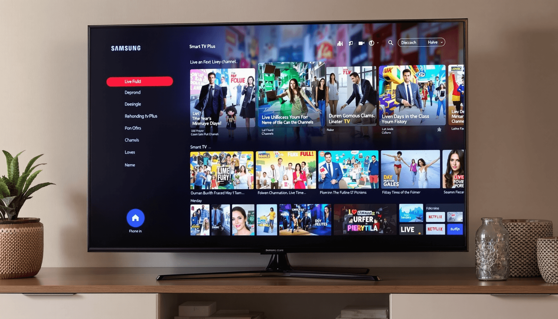 Samsung TV Plus Channels – Live TV & On-Demand 2025 1 A sleek Samsung Smart TV showing the Samsung TV Plus interface with colorful live channel thumbnails in a cozy living room.