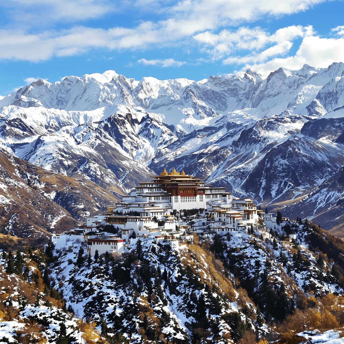 Aerial view of the Himalayas with Potala Palace in Lhasa surrounded by snow-capped mountains under a clear sky.