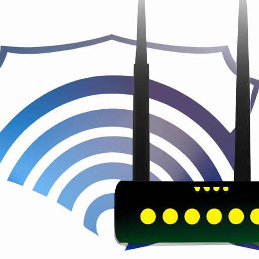 A wireless router emitting visible waves of radiation, with a shield symbol nearby indicating protection.