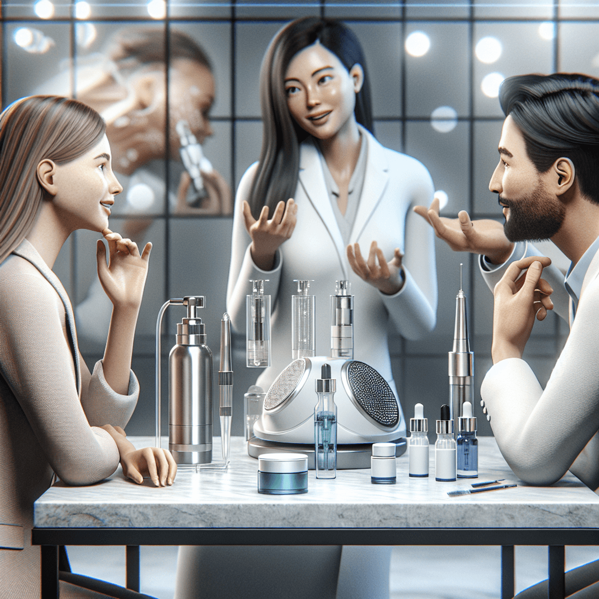 A modern skincare clinic interior with a clean, professional atmosphere. In the foreground, a microneedling device is placed on a pristine treatment table surrounded by various skincare serums and moisturizers neatly arranged. A Caucasian woman and an Asian man are engaged in an enthusiastic discussion about skincare, with expressions of interest and passion on their faces. The background features soft lighting, elegant decor, and additional skincare equipment, enhancing the inviting ambiance of the clinic.