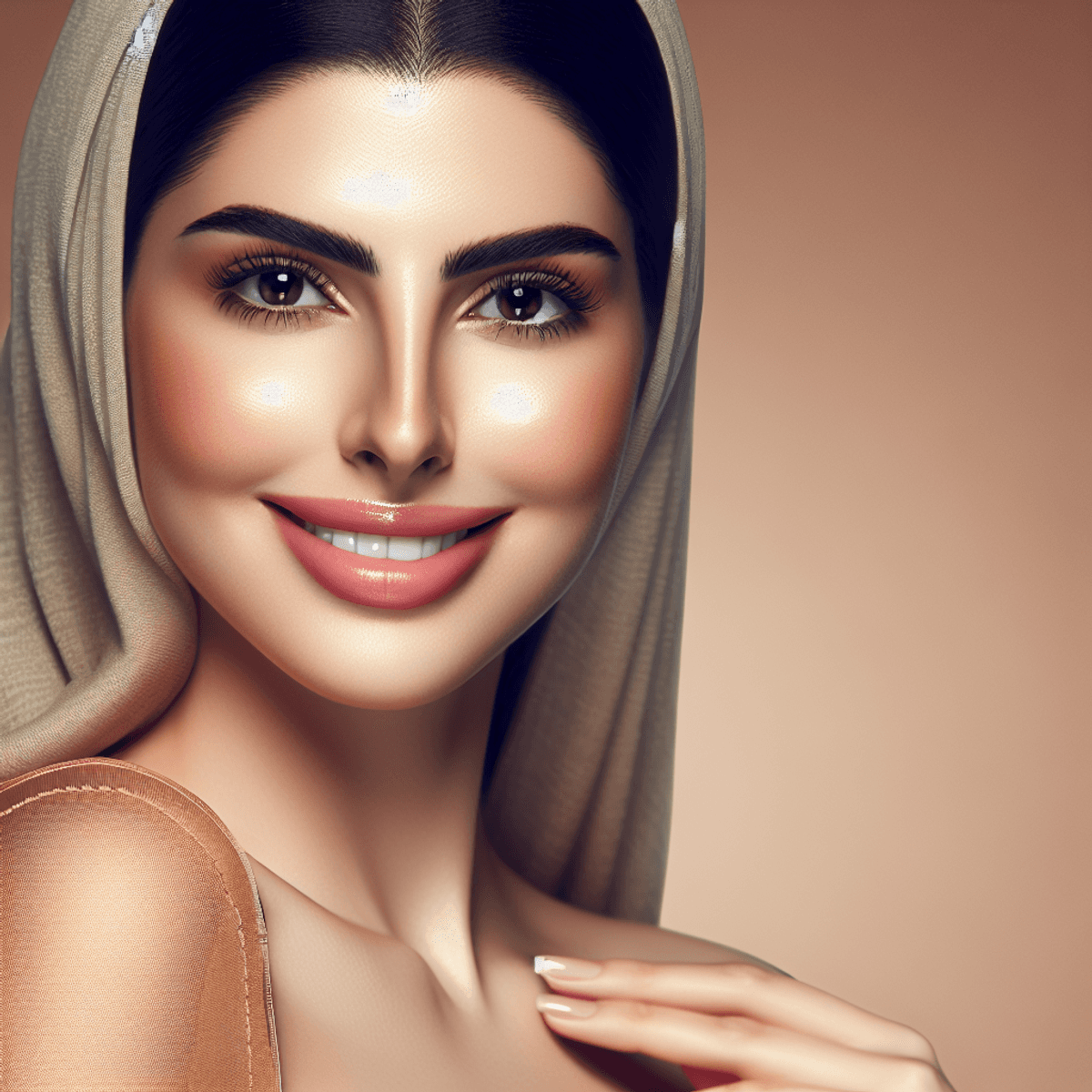 A confident and beautiful Middle-Eastern woman with a smooth chin and a joyful expression, set against a softly illuminated background that enhances her facial features, showcasing the aesthetic impact of cosmetic procedures.