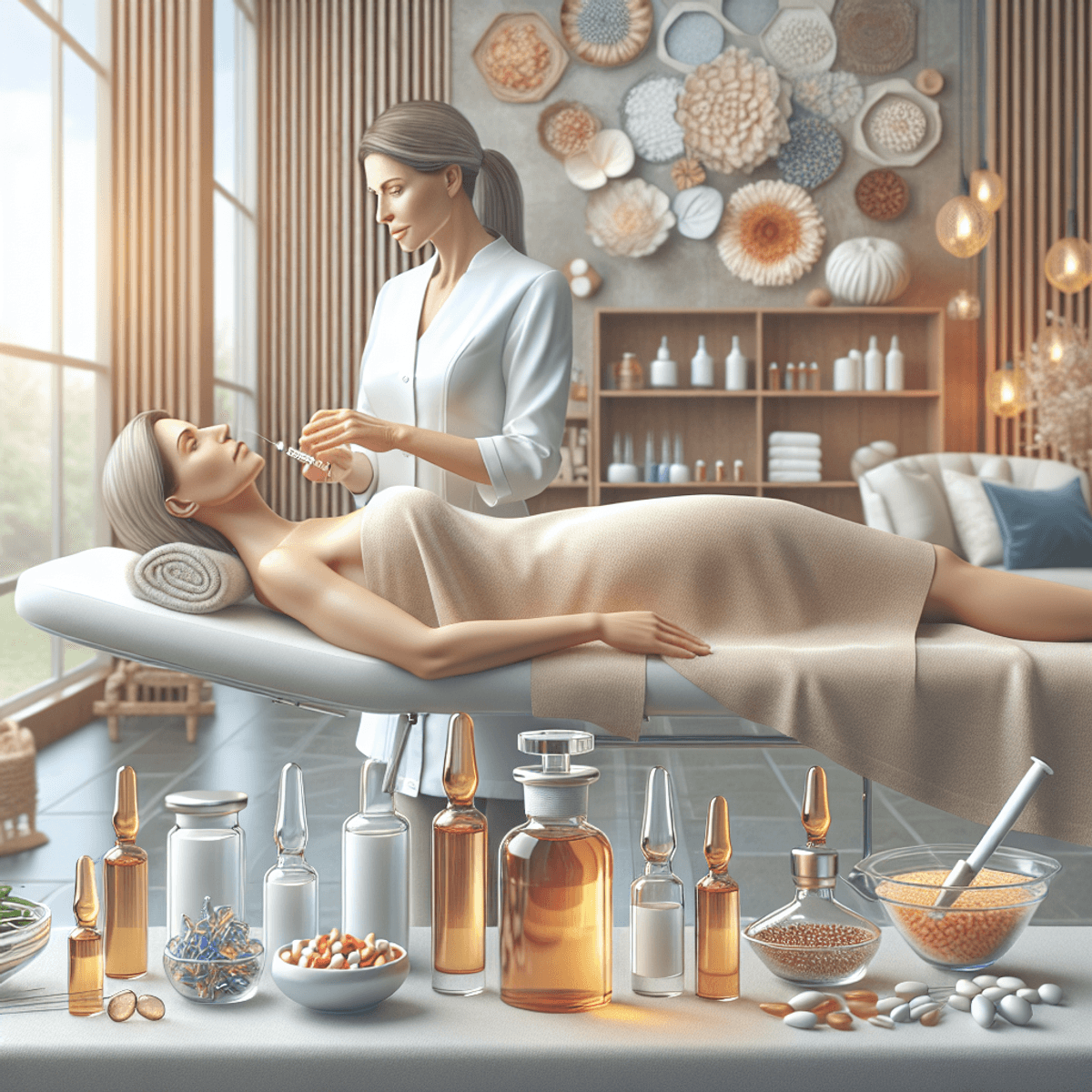 A serene skincare treatment room featuring a middle-aged Caucasian woman lying on a spa table, receiving a mesotherapy session from a calm and professional aesthetician. The room is beautifully decorated with soothing colors and decor, bathed in soft natural light that enhances the tranquil atmosphere. On a nearby table, vials containing vibrant vitamins and plant extracts are neatly arranged, highlighting the essential ingredients used in the treatment.