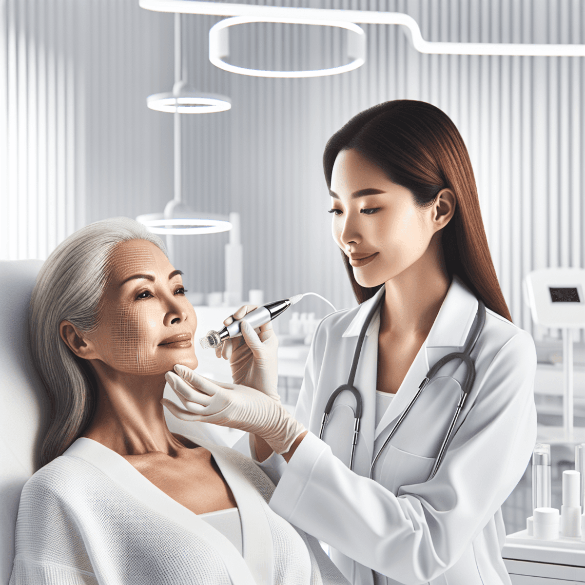 A professional Asian woman in a white lab coat and gloves performs microneedling on the face of a Caucasian patient in a bright, modern skincare clinic. The practitioner holds a visible microneedling device, demonstrating careful expertise. The patient has a healthy, radiant complexion, highlighting the rejuvenating effects of the treatment. The scene conveys a sense of attentiveness and professionalism within a sophisticated environment.