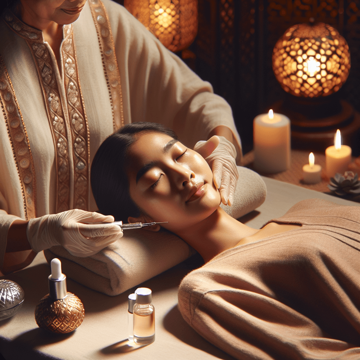 A serene spa setting features a young Asian woman lying comfortably on a treatment bed, receiving a BB Glow treatment. An experienced Middle-Eastern aesthetician is carefully performing microneedling on her face. The room is bathed in soft, gentle lighting, with tranquil decor that promotes relaxation and rejuvenation. In the background, a subtly tinted serum bottle is visible, suggesting the treatment's focus on enhancing skin tone and texture.