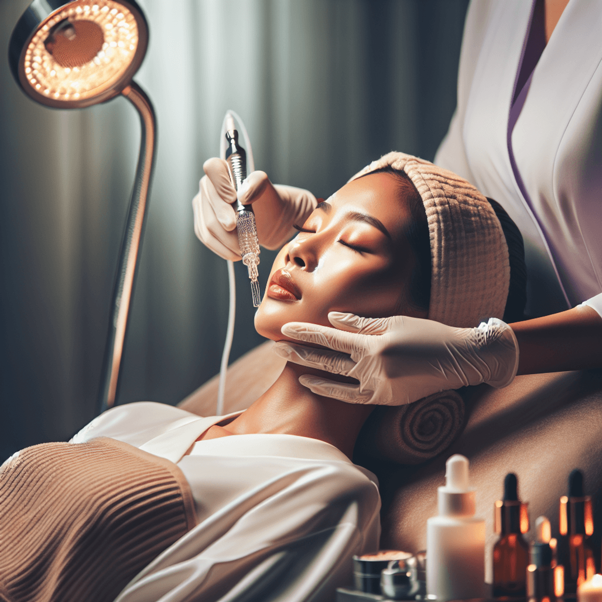 A serene beauty spa scene featuring an Asian aesthetician performing microneedling on an Asian female client. The client appears relaxed, reclined on a treatment bed with soothing ambient lighting. Surrounding them are neatly arranged beauty tools and products, enhancing the tranquil atmosphere.