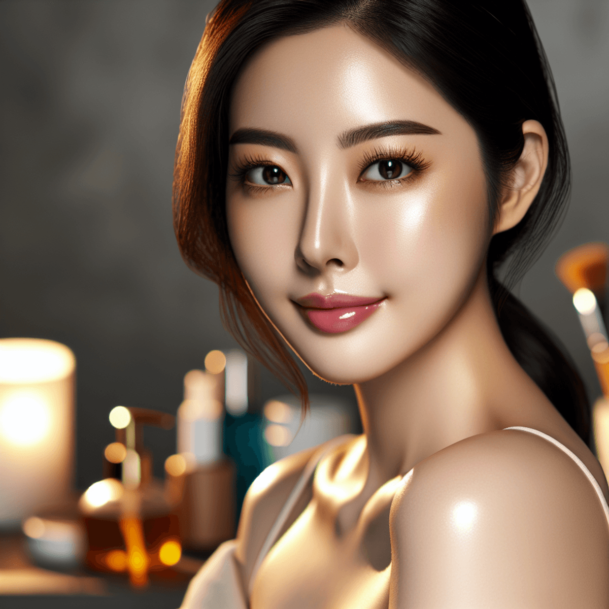 A serene and confident Asian woman with radiant, glowing skin sits comfortably in a spa-like environment. Soft, warm lighting highlights her smooth complexion, suggesting the effects of Korean BB Glow treatments. In the background, neatly arranged skincare products and beauty tools are subtly visible, enhancing the tranquil atmosphere without any text or words.