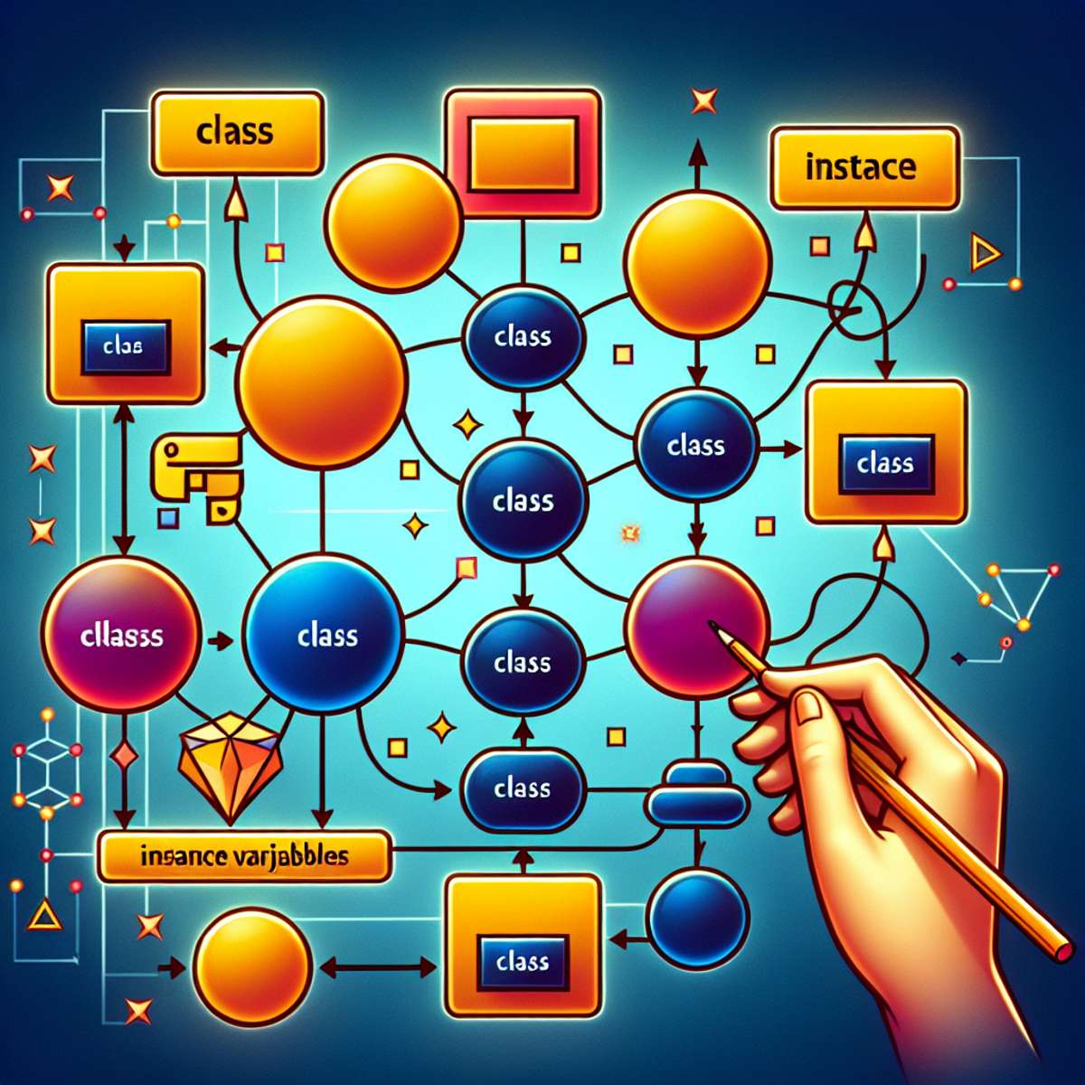 A vibrant, geometric representation of a Python class hierarchy with symbols representing class and instance variables.