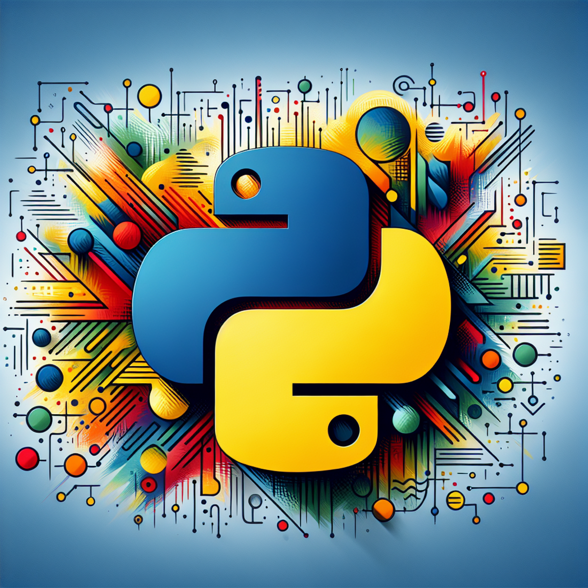 A vibrant Python logo surrounded by abstract code structures in various shapes and colors.