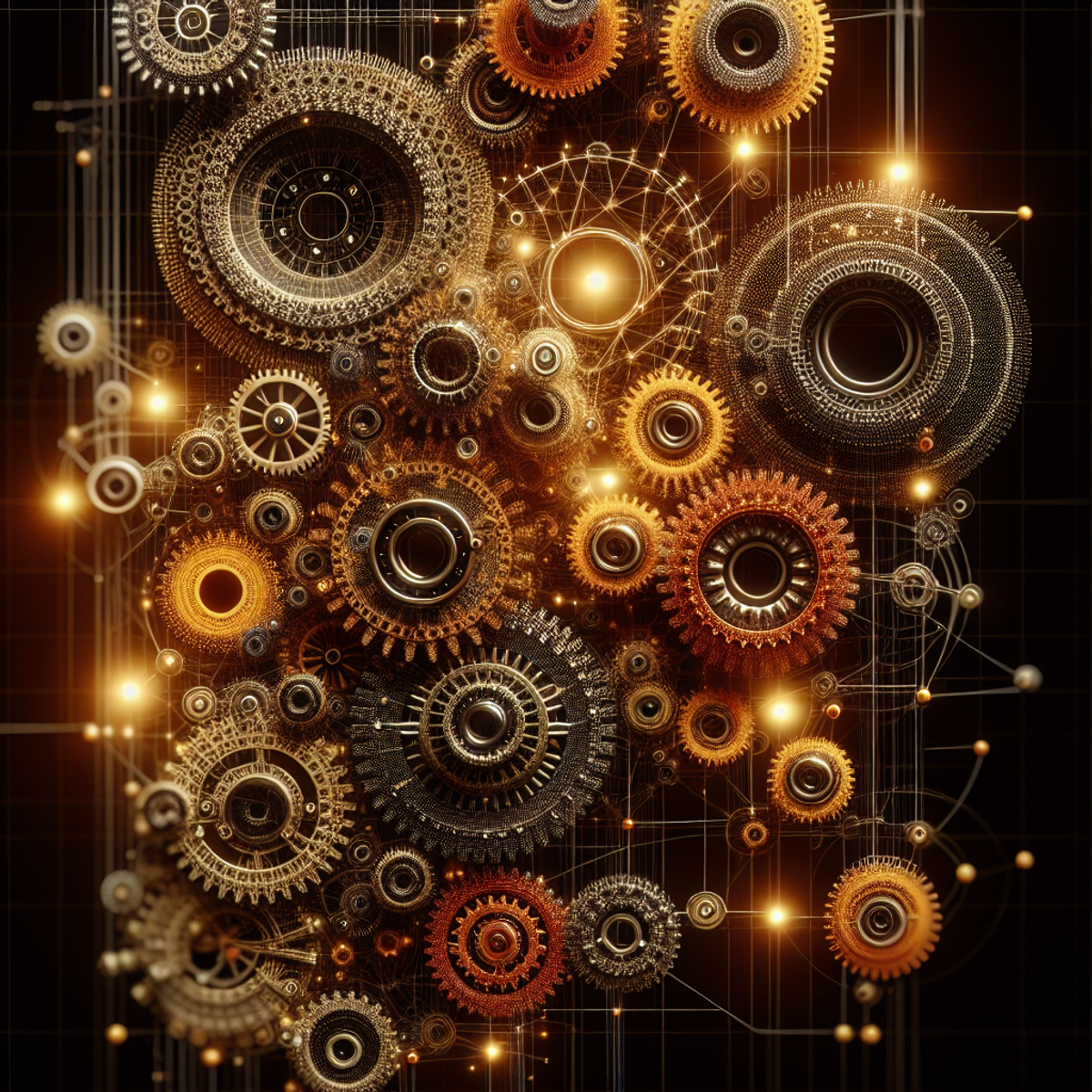 A group of interconnected gears, each one representing different classes in a programming hierarchy, symbolizing the efficient code flow from parent classes to child classes.