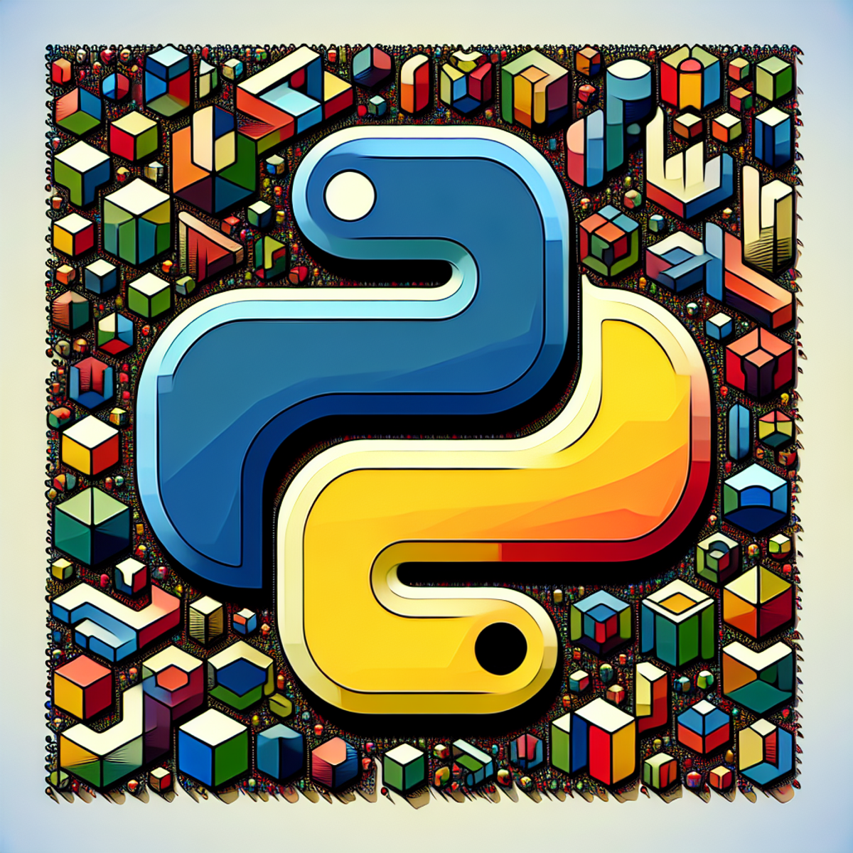 A stylized snake, referencing the Python logo, entwined amidst a multitude of multicolored geometric shapes.