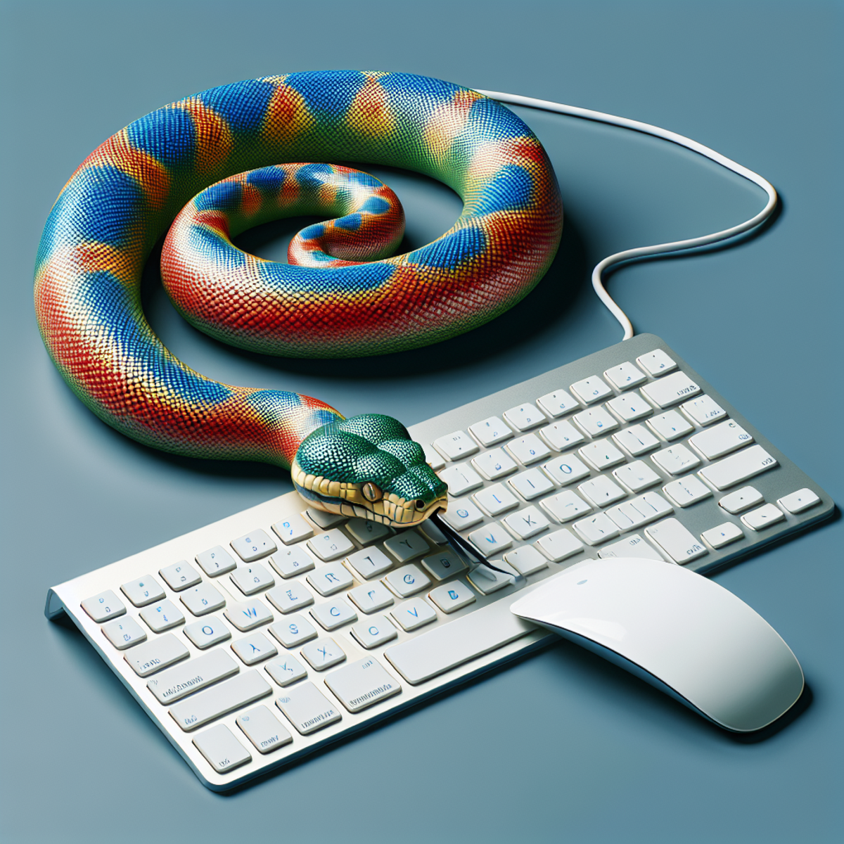 A large python snake coiled around a modern computer keyboard.