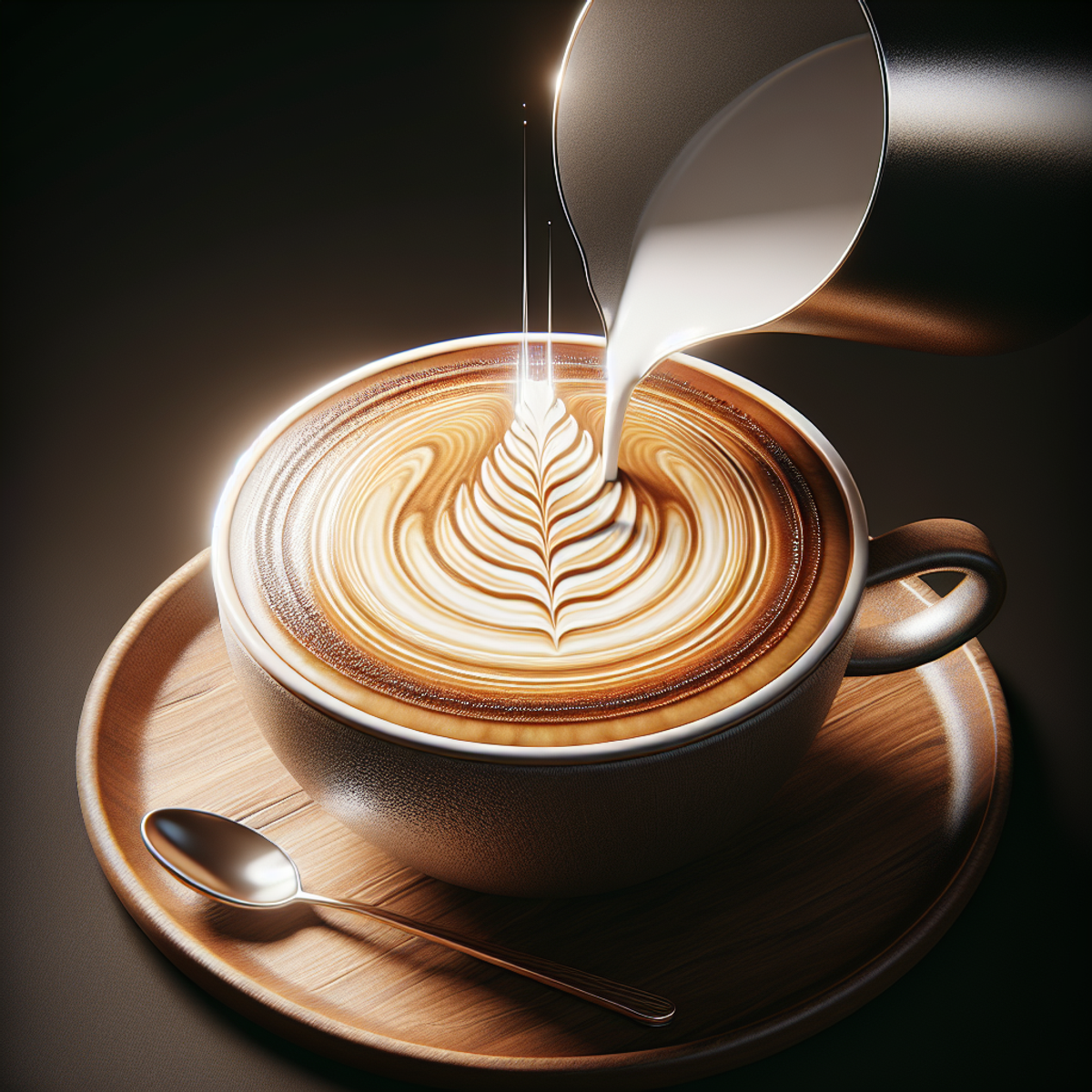 A close-up photo of a flat white coffee with intricate latte art on top.