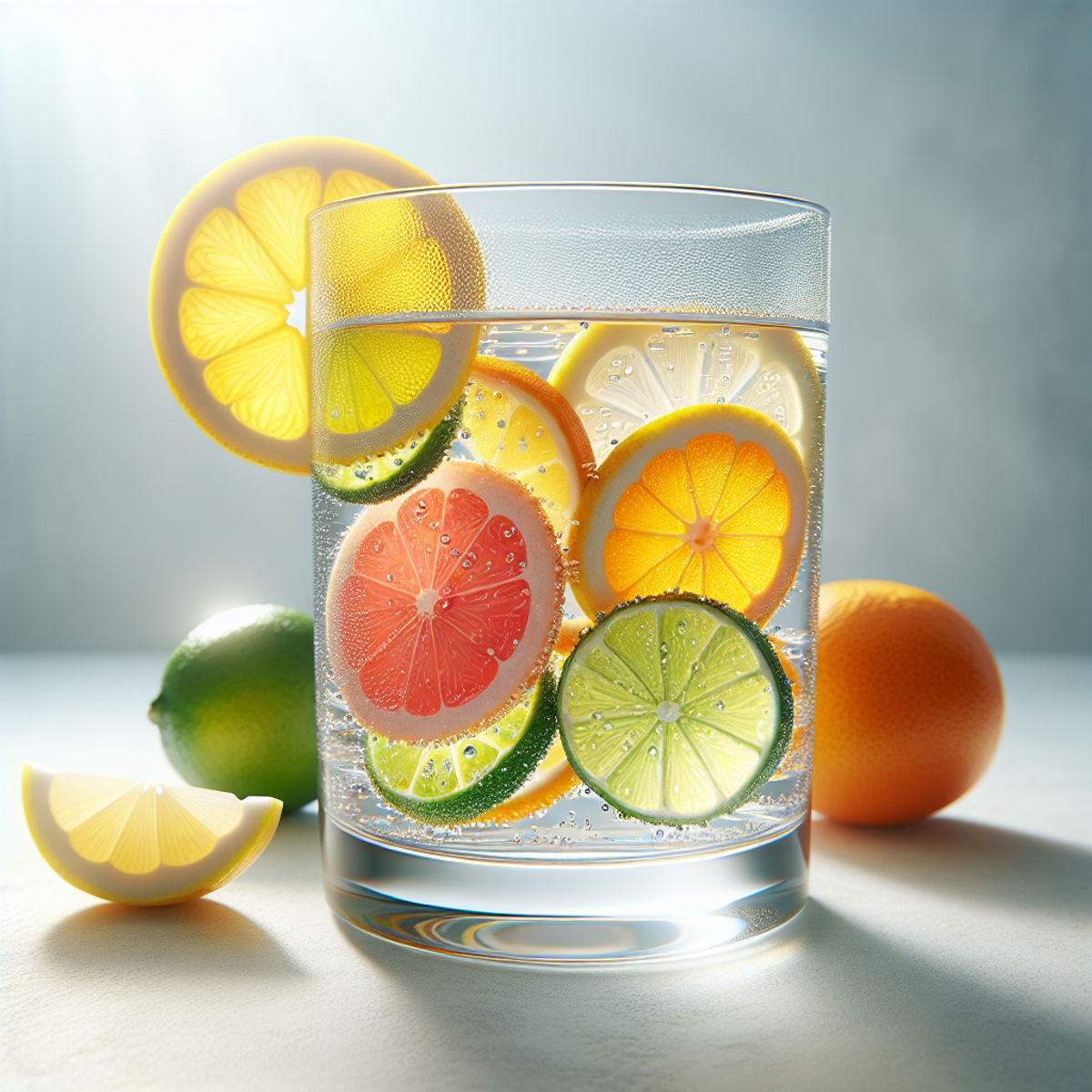 Slices of citrus fruits floating in a glass of water.