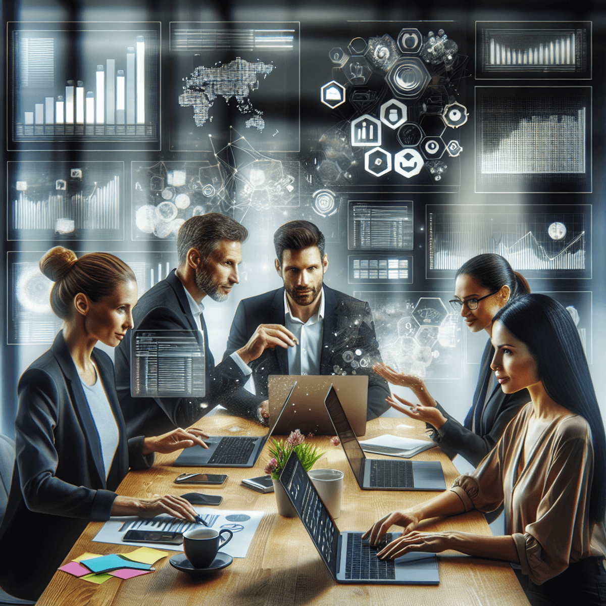 A diverse group of professionals, including a Caucasian woman, a Hispanic man, and an Asian woman, are actively collaborating around a table covered with laptops showing project management software. The modern office setting is bright and vibrant, symbolizing productivity and teamwork. Bar charts, colorful sticky notes, and coffee cups are scattered around, enhancing the dynamic atmosphere of an intense brainstorming session.