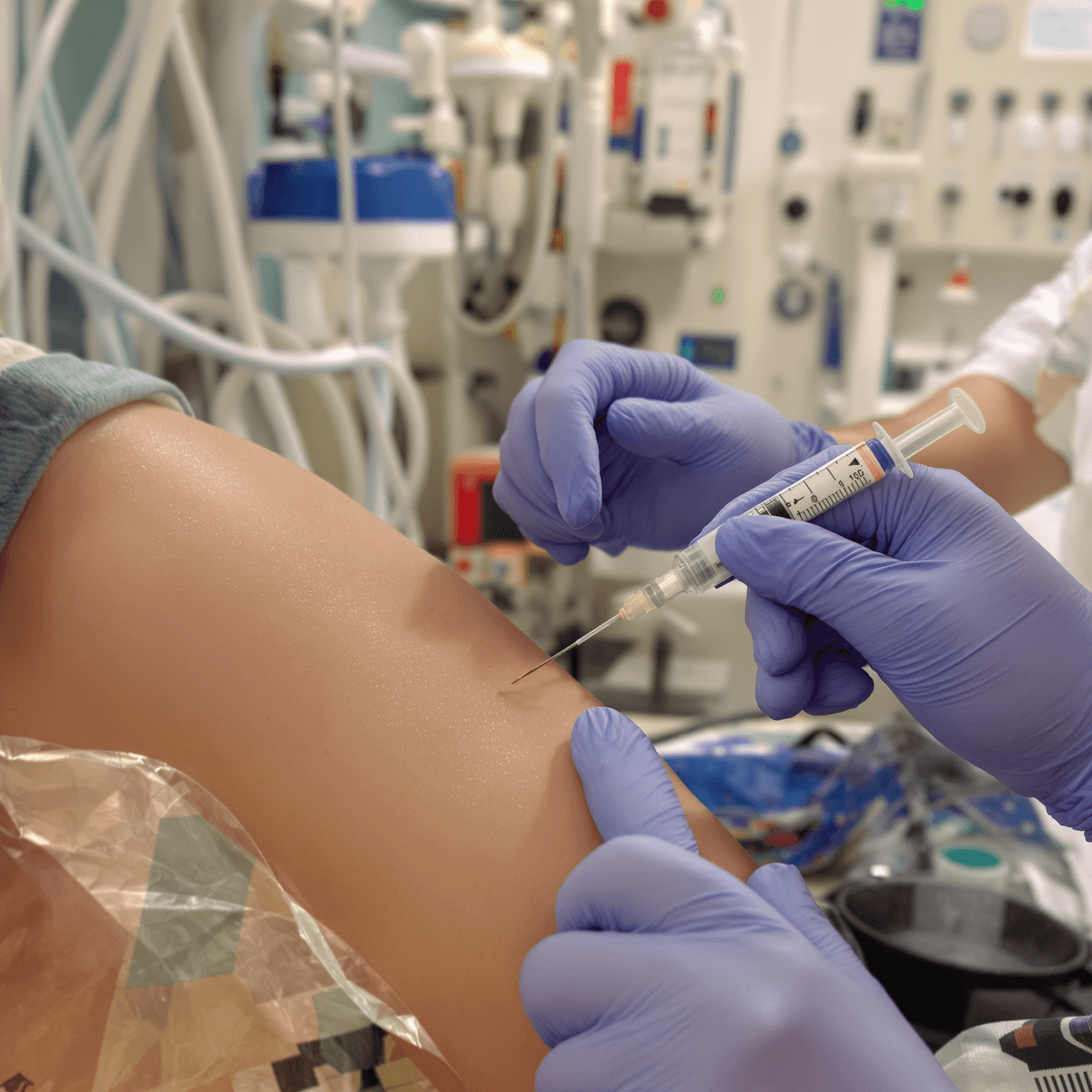 Healthcare professional giving an antibiotic injection to a patient's arm in a hospital setting, showing care and urgency.