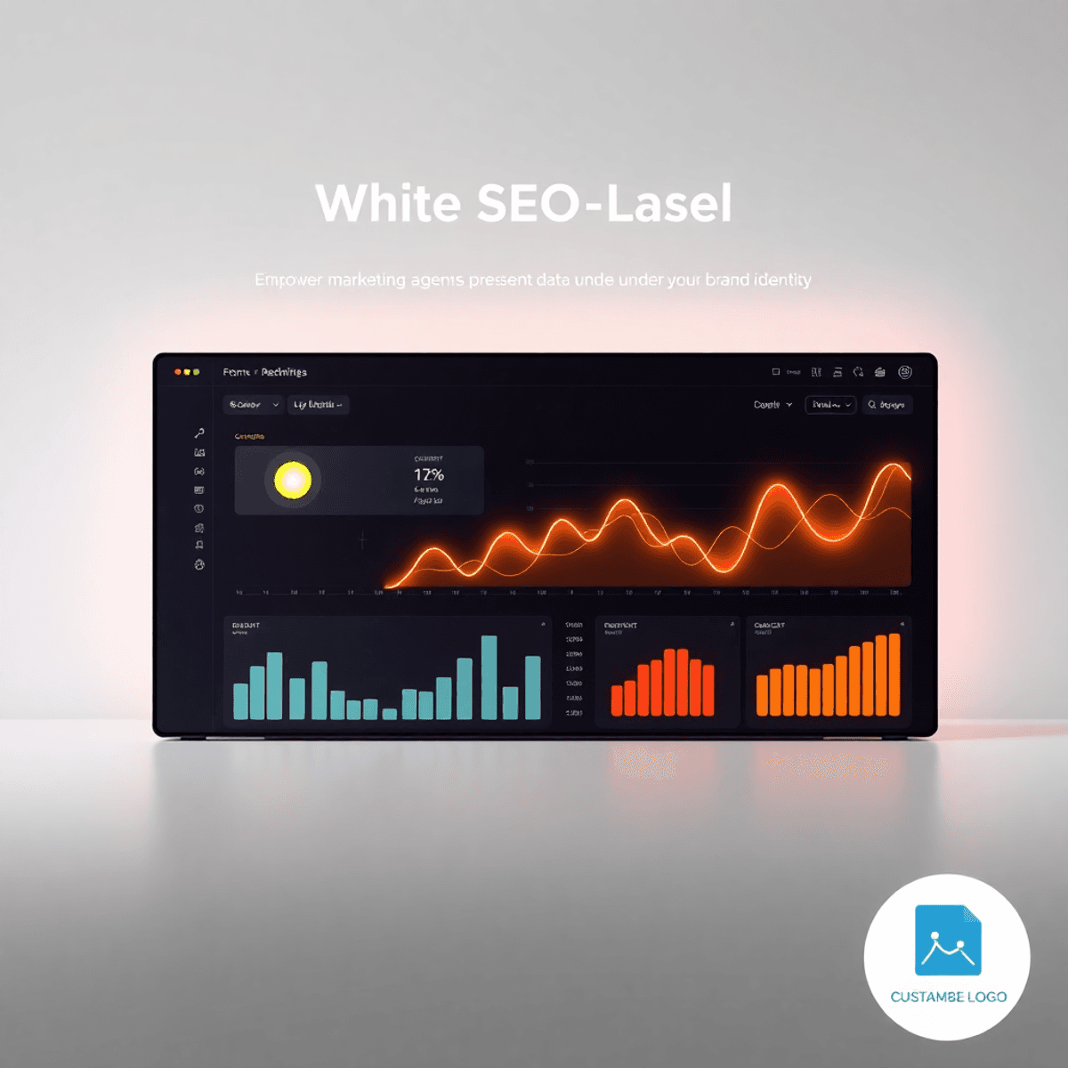 Best White Label SEO Tools for Agencies in 2026: Boost Branding & Client Trust 4 Modern digital dashboard displaying glowing abstract graphs and charts on a clean, minimalist background with a customizable logo placeholder.