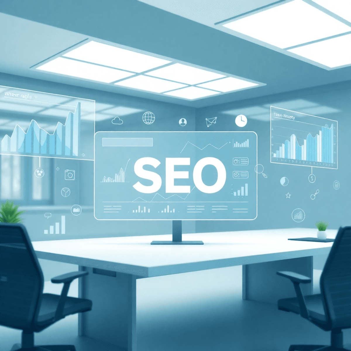 Best White Label SEO Tools for Agencies in 2026: Boost Branding & Client Trust 5 Modern workspace with transparent digital screens showing abstract SEO graphs, surrounded by icons of growth, connectivity, and teamwork in blue and green tones.