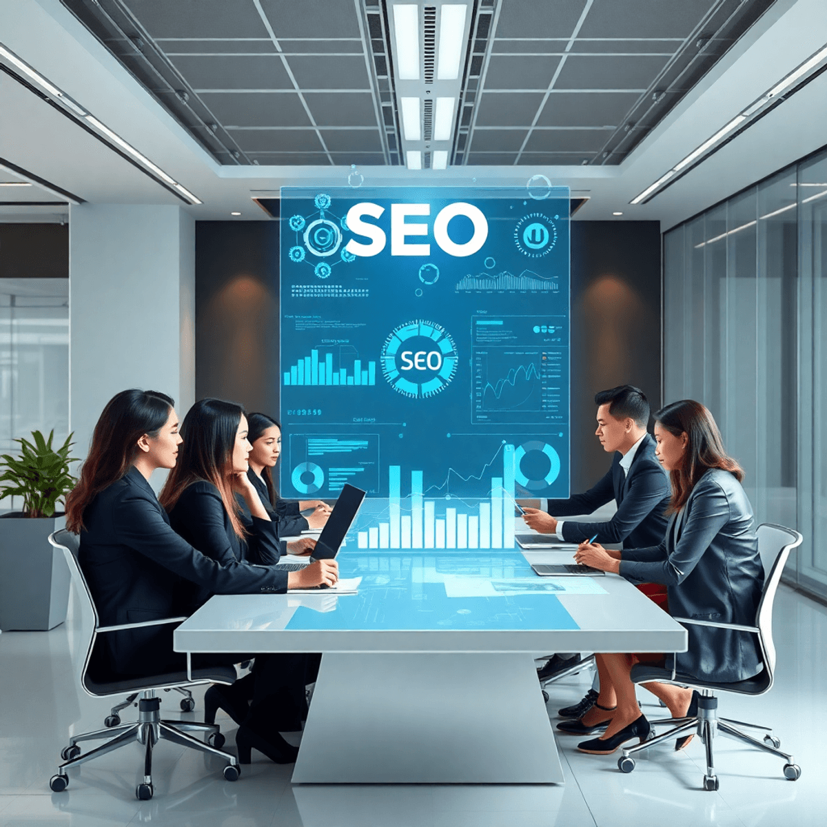 Best White Label SEO Tools for Agencies in 2026: Boost Branding & Client Trust 14 A modern workspace with a team collaborating around a table displaying holographic SEO charts and futuristic digital interface elements