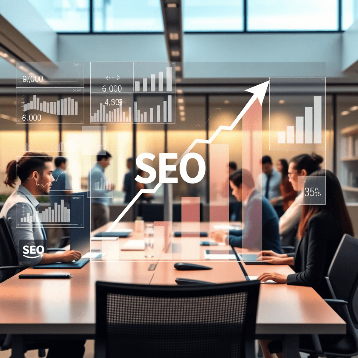 Best White Label SEO Tools for Agencies in 2026: Boost Branding & Client Trust 7 Modern office with transparent digital screens showing graphs and arrows, team collaborating under soft natural light.